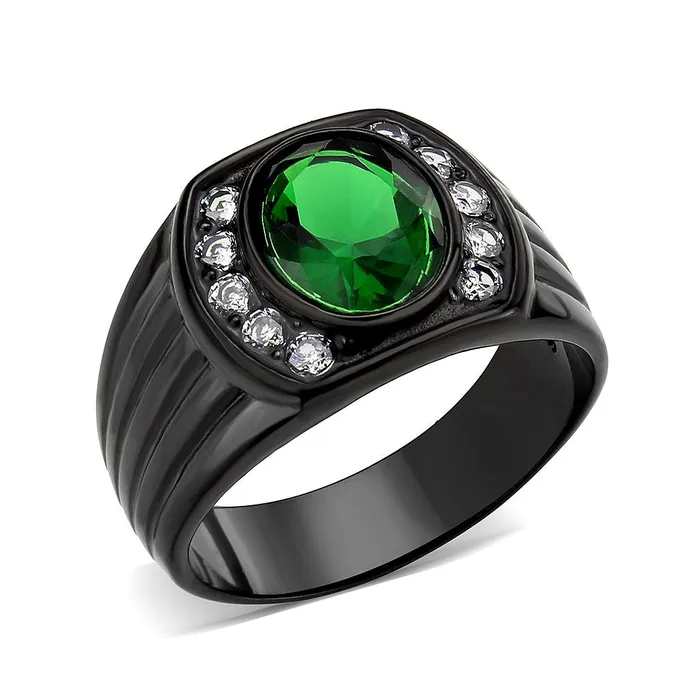 Green Rings CJ3764 Wholesale Mens Stainless Steel IP Black Oval Emerald Ring