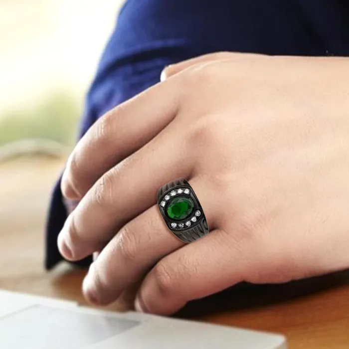 Green Rings CJ3764 Wholesale Mens Stainless Steel IP Black Oval Emerald Ring Green Rings CJ3764 Wholesale Mens Stainless Steel IP Black Oval Emerald Ring