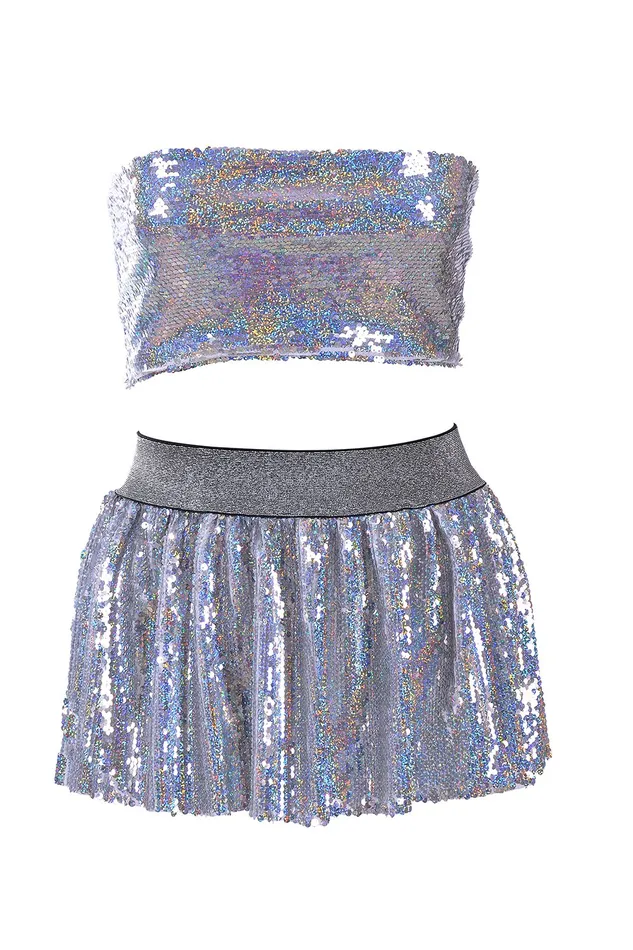 Holographic Reversible Sequin Set Tube Top Skirt THE LUMi SHOP Earrings