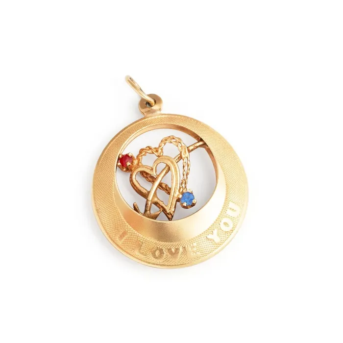 I Love You Sapphire Ruby and 14k Yellow Gold Charm Vintage Necklaces