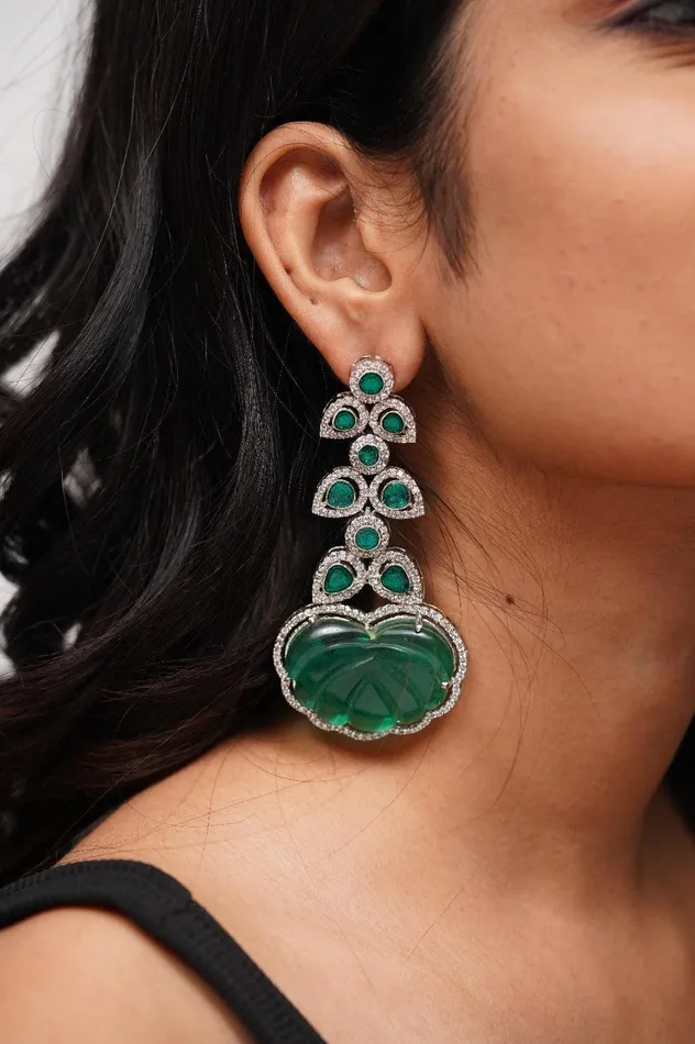 Jizzy Emerald GemStone Diamond Long Earrings attrangi Earrings