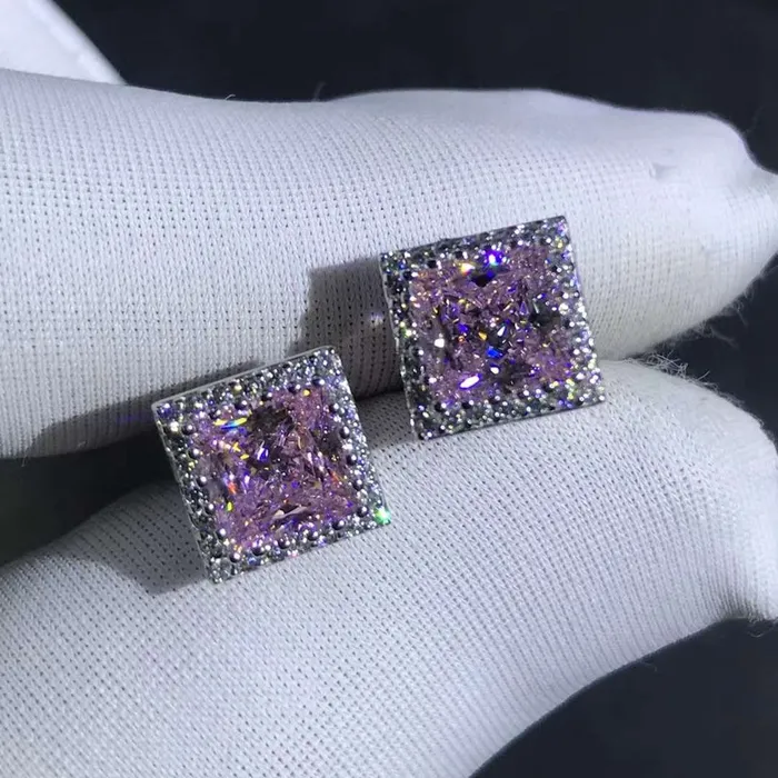Leyloon Jewelry 1 Carat Pink Square Radiant Cut Halo Moissanite Stud Earrings Earrings
