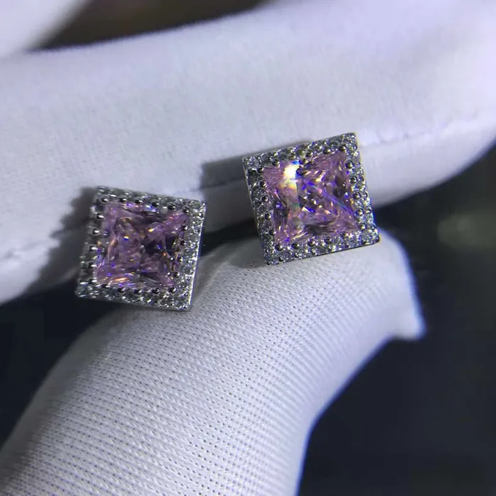 Leyloon Jewelry 1 Carat Pink Square Radiant Cut Halo Moissanite Stud Earrings Earrings