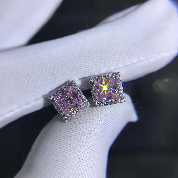 Leyloon Jewelry 1 Carat Pink Square Radiant Cut Halo Moissanite Stud Earrings Earrings