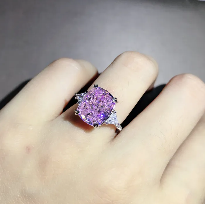 Leyloon Jewelry 6 Carat Cushion Cut Three Stone Moissanite Pink Ring Rings