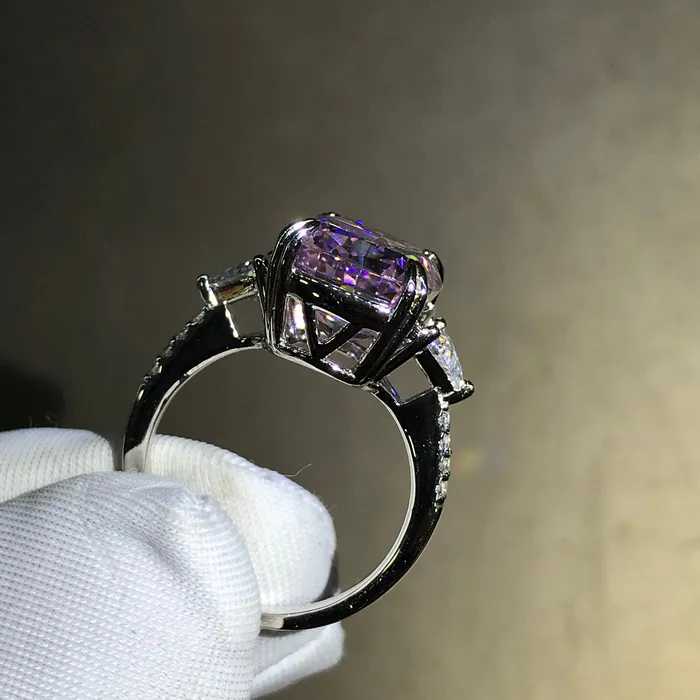 Leyloon Jewelry 6 Carat Cushion Cut Three Stone Moissanite Pink Ring Rings