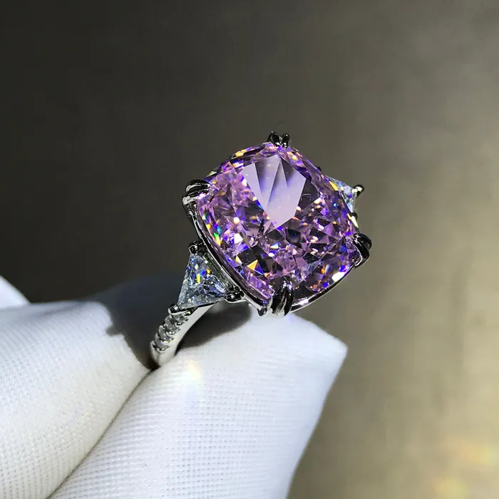 Leyloon Jewelry 6 Carat Cushion Cut Three Stone Moissanite Pink Ring Rings