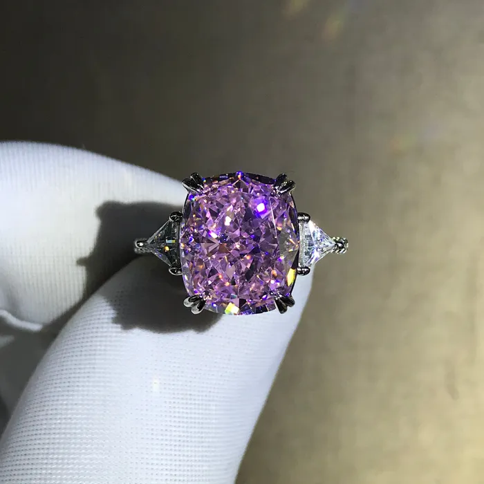 Leyloon Jewelry 6 Carat Cushion Cut Three Stone Moissanite Pink Ring Rings