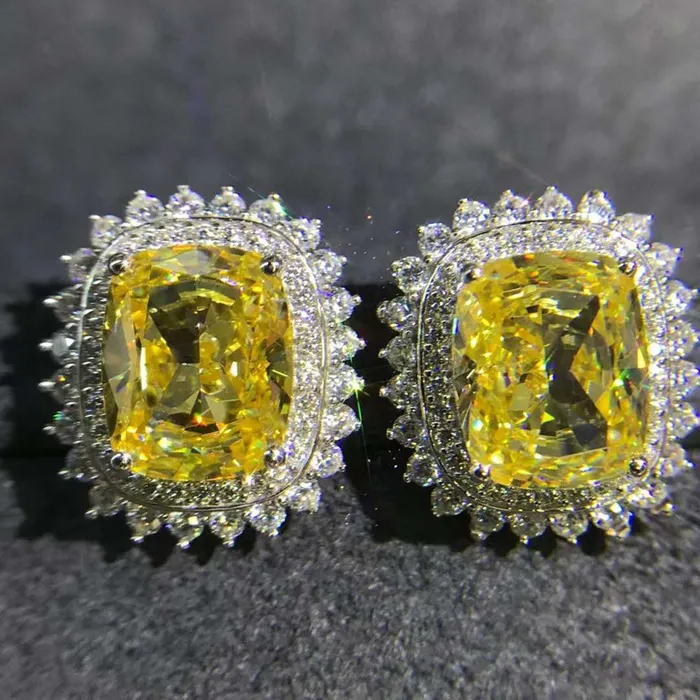 Leyloon Jewelry Earrings 3 Carat Yellow Cushion Cut Starburst Double Halo Moissanite Stud Earrings Leyloon Jewelry Earrings 3 Carat Yellow Cushion Cut Starburst Double Halo Moissanite Stud Earrings
