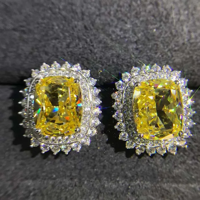 Leyloon Jewelry Earrings 3 Carat Yellow Cushion Cut Starburst Double Halo Moissanite Stud Earrings