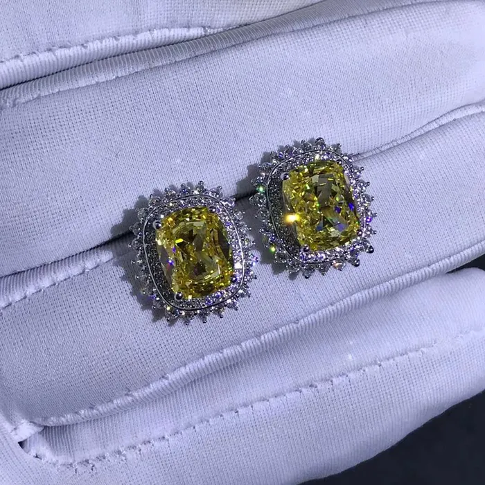 Leyloon Jewelry Earrings 3 Carat Yellow Cushion Cut Starburst Double Halo Moissanite Stud Earrings