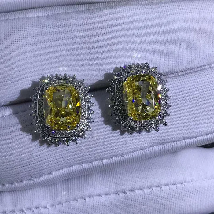 Leyloon Jewelry Earrings 3 Carat Yellow Cushion Cut Starburst Double Halo Moissanite Stud Earrings