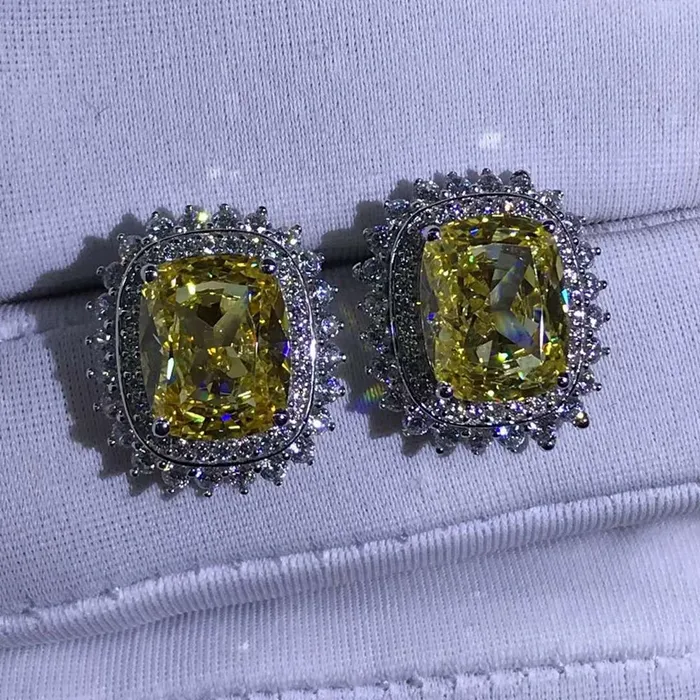 Leyloon Jewelry Earrings 3 Carat Yellow Cushion Cut Starburst Double Halo Moissanite Stud Earrings