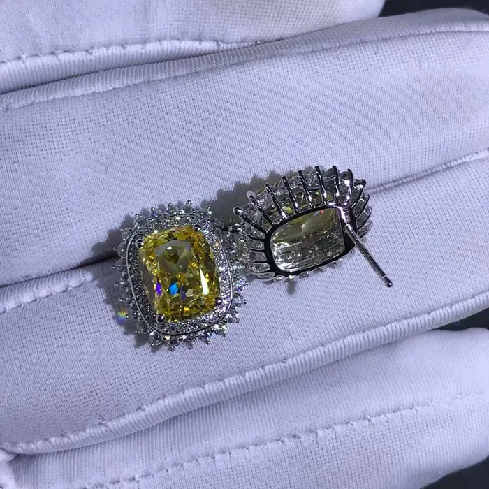 Leyloon Jewelry Earrings 3 Carat Yellow Cushion Cut Starburst Double Halo Moissanite Stud Earrings