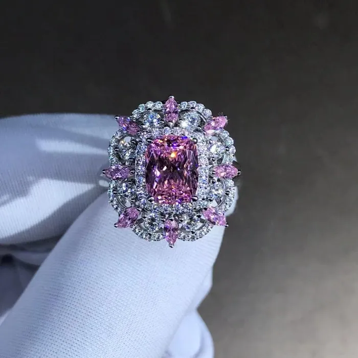 Leyloon Jewelry Lovely 2 Carat Pink Cushion Cut Triple Halo Split Shank VVS Moissanite Ring Rings Leyloon Jewelry Lovely 2 Carat Pink Cushion Cut Triple Halo Split Shank VVS Moissanite Ring Rings