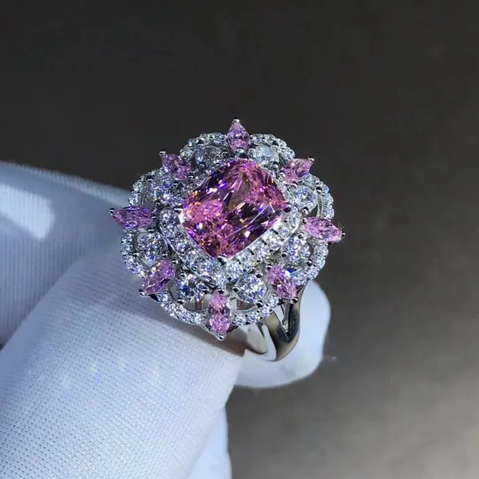 Leyloon Jewelry Lovely 2 Carat Pink Cushion Cut Triple Halo Split Shank VVS Moissanite Ring Rings
