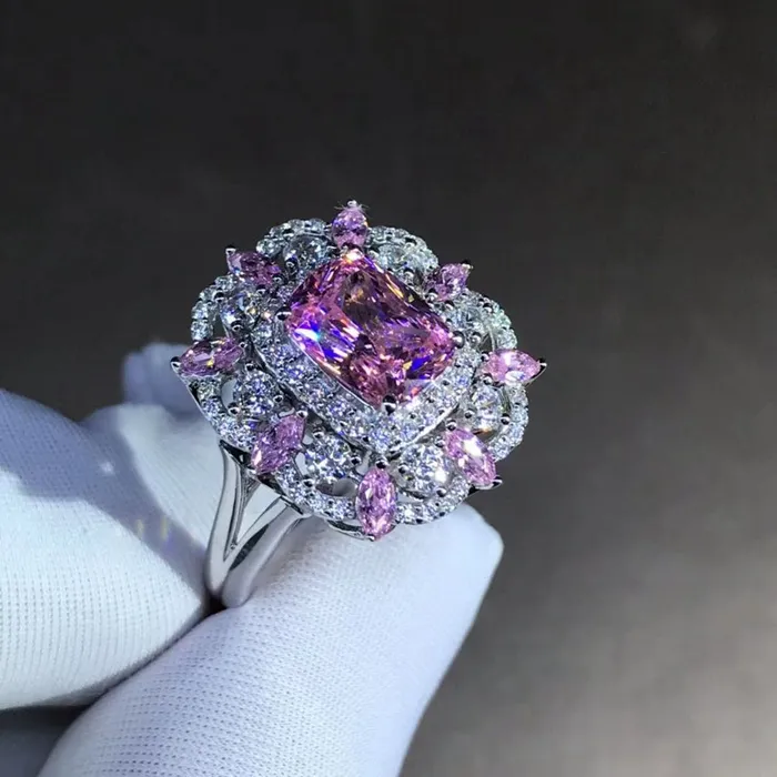 Leyloon Jewelry Lovely 2 Carat Pink Cushion Cut Triple Halo Split Shank VVS Moissanite Ring Rings