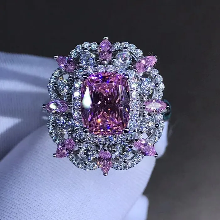Leyloon Jewelry Lovely 2 Carat Pink Cushion Cut Triple Halo Split Shank VVS Moissanite Ring Rings