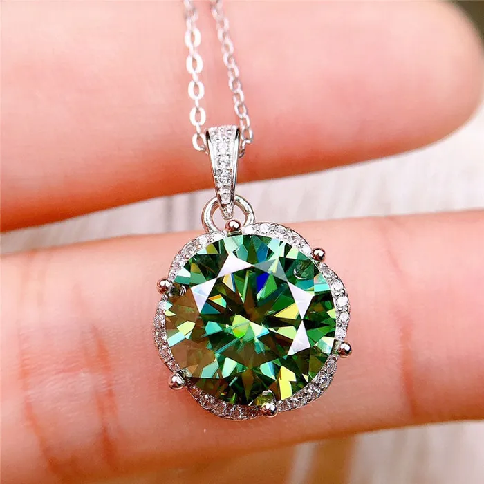 Leyloon Jewelry Necklaces 6 Carat Bluish Green Round Cut 6 Prong Subtle Halo Certified VVS Moissanite Necklace