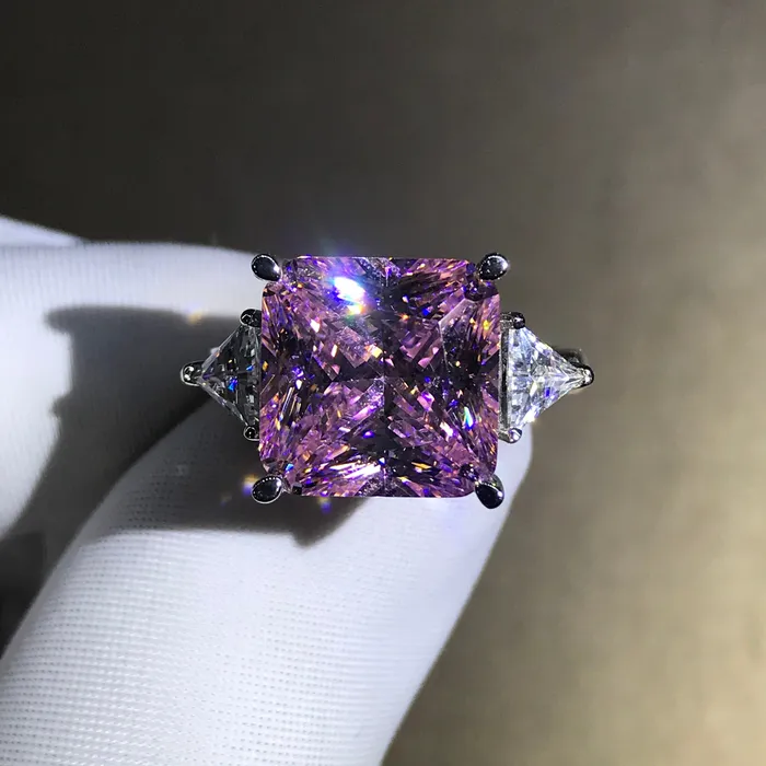 Leyloon Jewelry Rings 6 Carat Radiant Cut Moissanite Pink VVS 4 Claw Three Stone