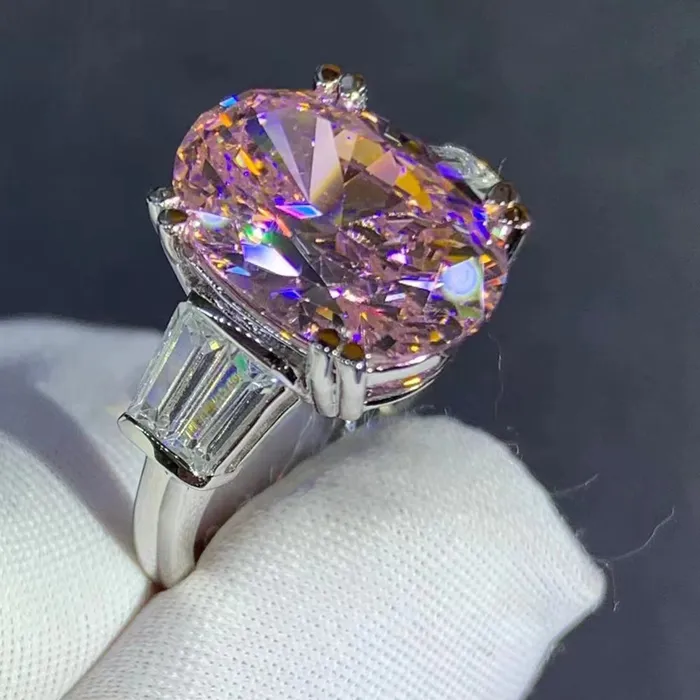Leyloon Jewelry Rings BIG 6 Carat Pink Oval Cut Double Prong Basket Three Stone VVS Moissanite Ring