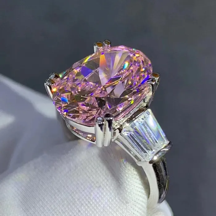 Leyloon Jewelry Rings BIG 6 Carat Pink Oval Cut Double Prong Basket Three Stone VVS Moissanite Ring