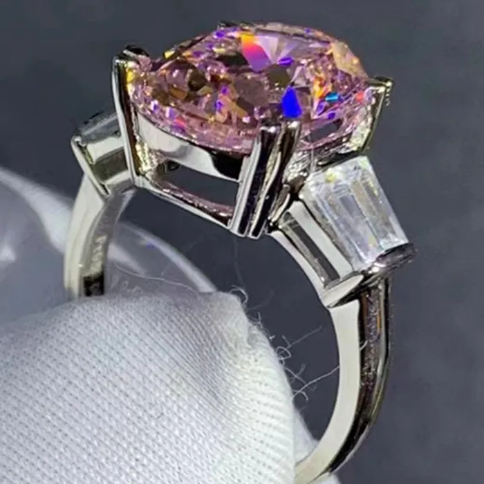 Leyloon Jewelry Rings BIG 6 Carat Pink Oval Cut Double Prong Basket Three Stone VVS Moissanite Ring