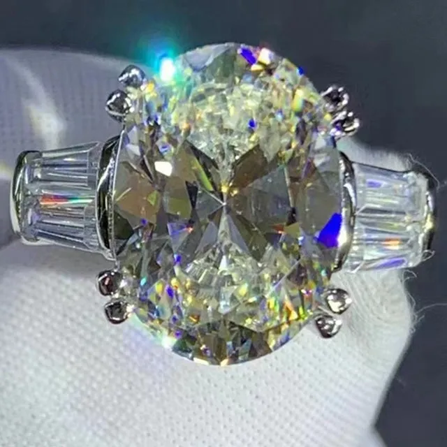 Leyloon Jewelry Rings BIG 6 Carat Pink Oval Cut Double Prong Basket Three Stone VVS Moissanite Ring