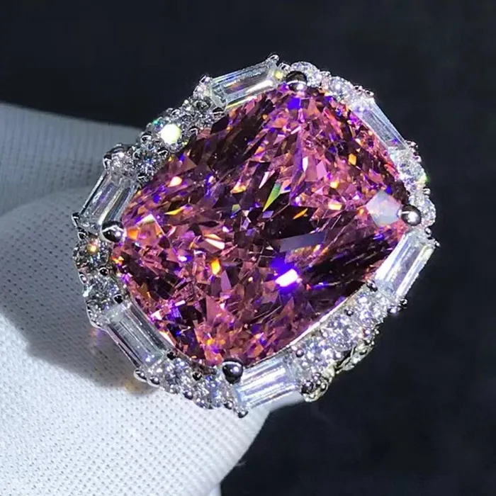 Leyloon Jewelry Rings Rare Pink 10 Carat Cushion Cut Halo Bead Set VVS Moissanite Ring