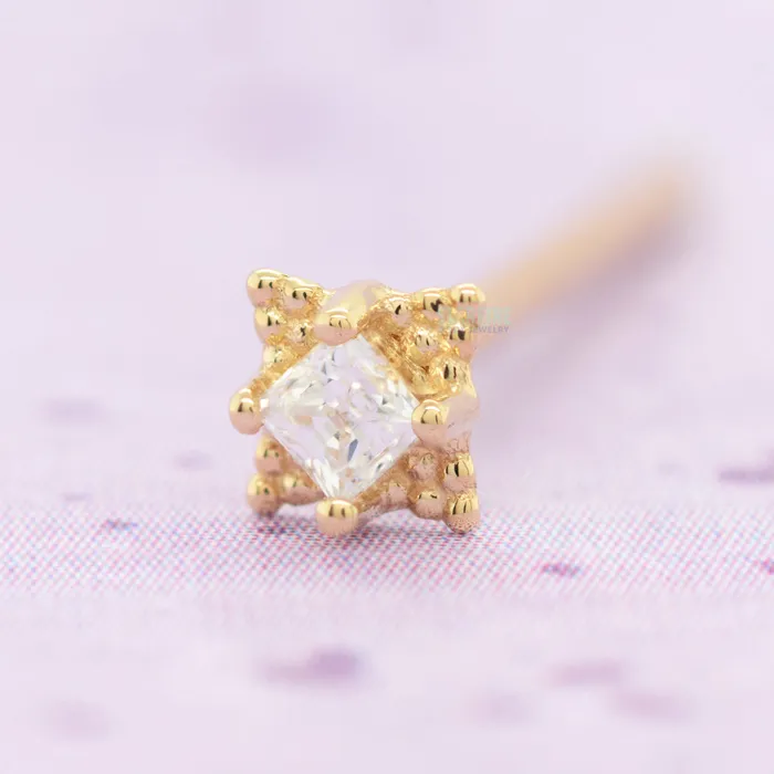 Mini Kandy Nostril Screw in Gold with PrincessCut White CZ Body Vision BVLA Earrings