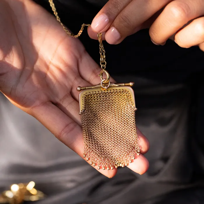 Necklaces Antique Victorian 9k Gold Mesh Purse Pendant