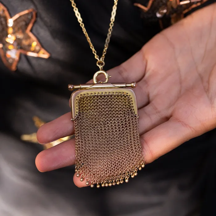 Necklaces Antique Victorian 9k Gold Mesh Purse Pendant