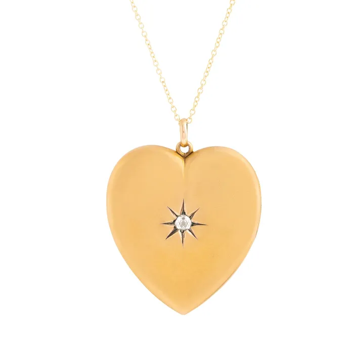 Necklaces Antique Victorian Diamond and 10k Gold Heart Large Locket