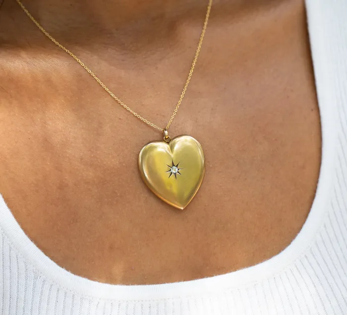Necklaces Antique Victorian Diamond and 10k Gold Heart Large Locket