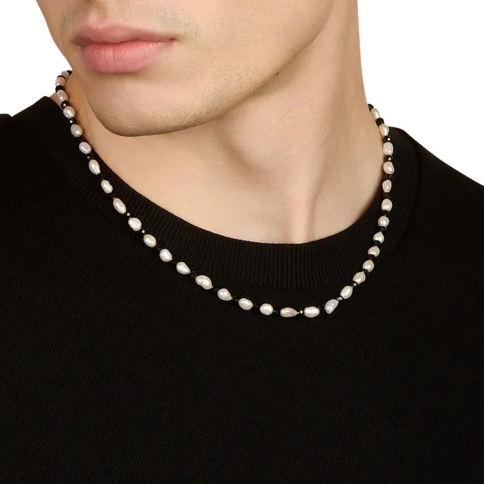 Necklaces Pearl Black Onyx Necklace RhodiumSterling Silver 4mm Oxford Necklaces Pearl Black Onyx Necklace RhodiumSterling Silver 4mm Oxford