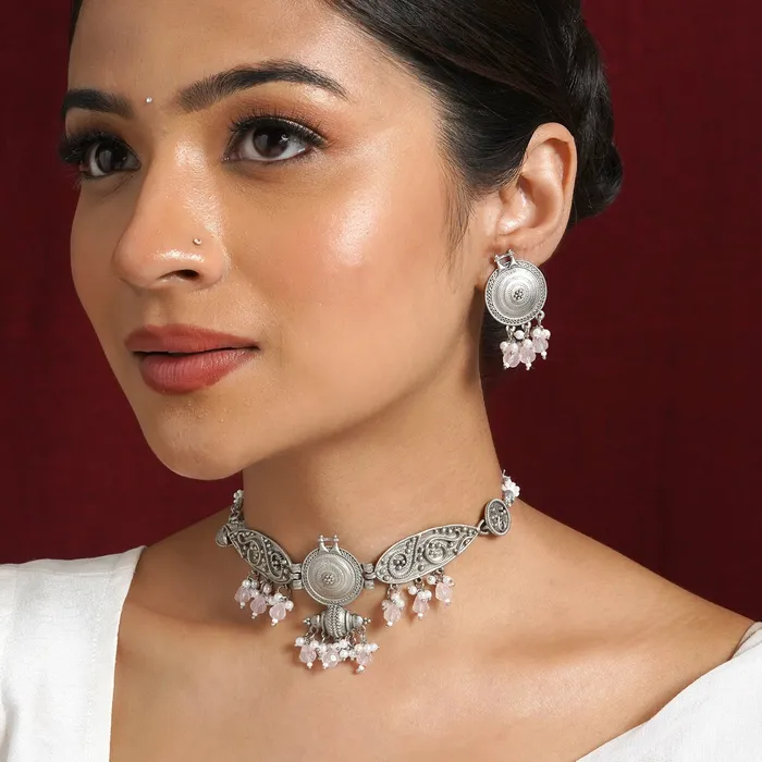 Necklaces Teejh Cera Silver Oxidised Pastel Pink Necklace Set Teejh