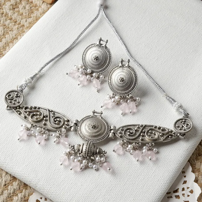 Necklaces Teejh Cera Silver Oxidised Pastel Pink Necklace Set Teejh