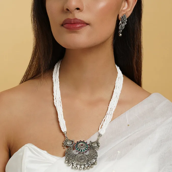 Necklaces Teejh Maukhari Silver Oxidised Ruby Green Necklace Set Teejh