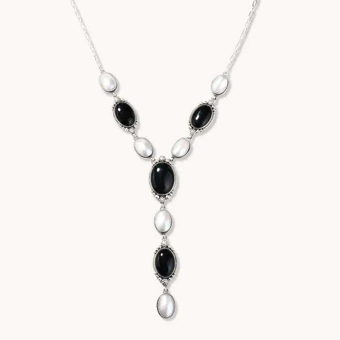 Onyx and Mother of Pearl Y Necklace Earrings Set TSkies Jewelry Necklaces