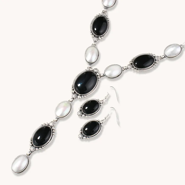 Onyx and Mother of Pearl Y Necklace Earrings Set TSkies Jewelry Necklaces