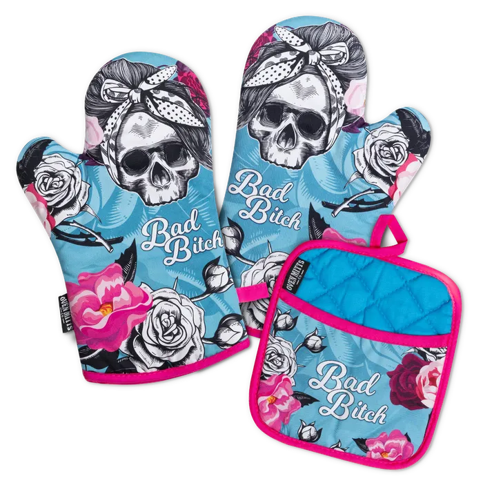 Oven Mitts Co Rings BB Flower Skull Oven Mitts And Potholder Set