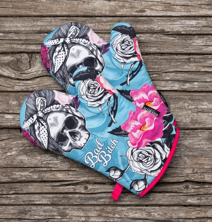 Oven Mitts Co Rings BB Flower Skull Oven Mitts And Potholder Set