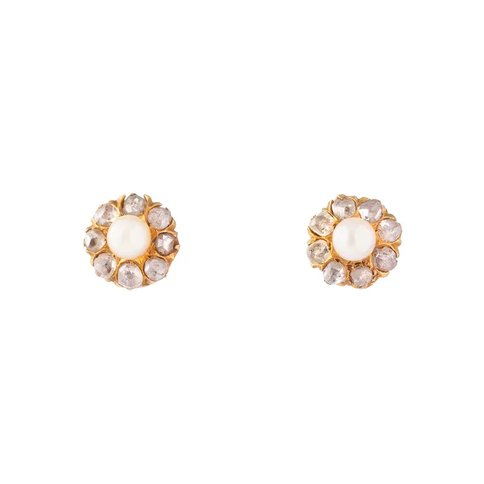 Pearl And Rose Cut Diamond Cluster 14k Gold Earrings Antique Earrings
