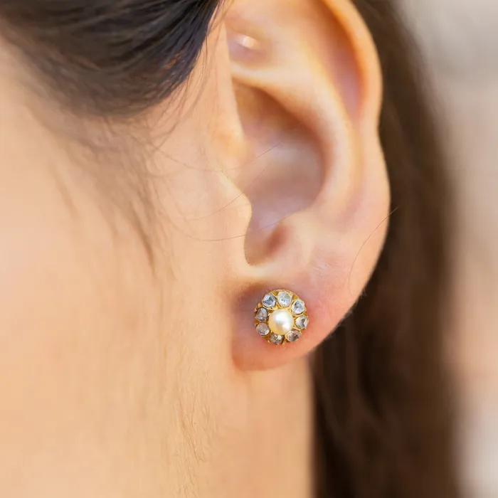 Pearl And Rose Cut Diamond Cluster 14k Gold Earrings Antique Earrings