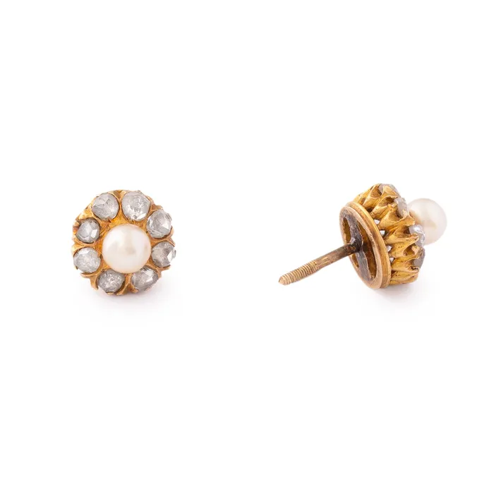 Pearl And Rose Cut Diamond Cluster 14k Gold Earrings Antique Earrings