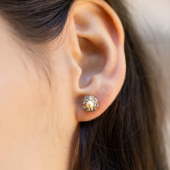 Pearl And Rose Cut Diamond Cluster 14k Gold Earrings Antique Earrings