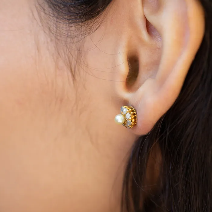 Pearl And Rose Cut Diamond Cluster 14k Gold Earrings Antique Earrings