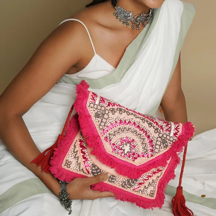 Pink Pixie Dust Tassel and Beads Banjara Bag Teejh Necklaces