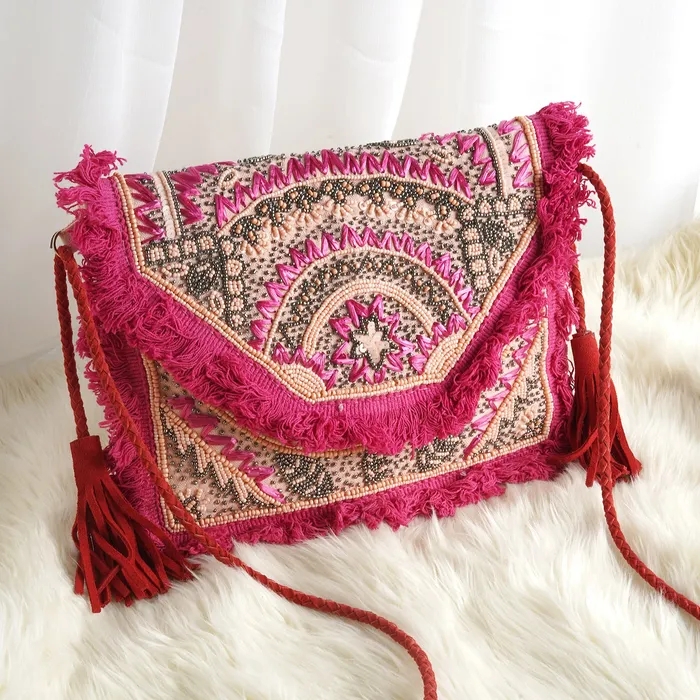 Pink Pixie Dust Tassel and Beads Banjara Bag Teejh Necklaces Pink Pixie Dust Tassel and Beads Banjara Bag Teejh Necklaces