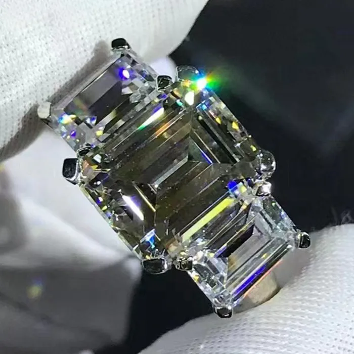 Rings 5 Carat Emerald Cut Moissanite Ring Three stone Plain Shank VVS KM Color Leyloon Jewelry Rings 5 Carat Emerald Cut Moissanite Ring Three stone Plain Shank VVS KM Color Leyloon Jewelry